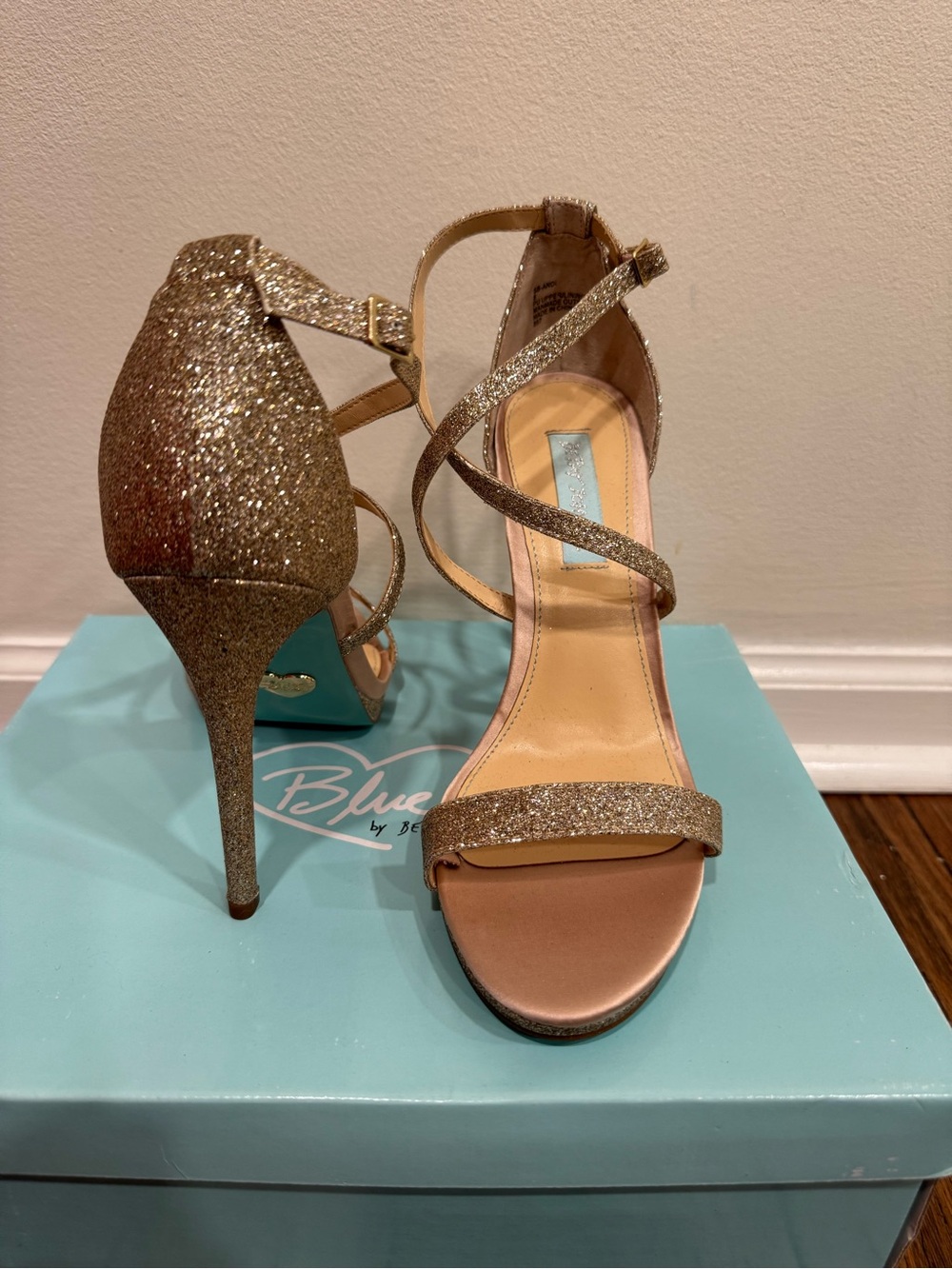 Y2K Blue by Betsey Johnson Andi Champagne Glitter Strappy Stiletto Sandal Heel 8